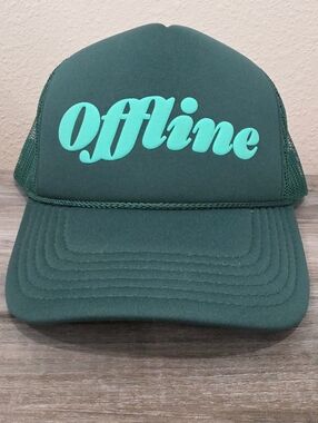 Ulta Beauty Dark Green Trucker Hat with Teal "Offline" Script